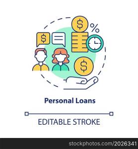 Personal loans concept icon. Startup launch. Small business development financial support abstract idea thin line illustration. Vector isolated outline color drawing. Editable stroke. Personal loans concept icon