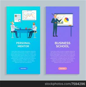 Personal mentor and business school, hipster animal rabbit and sloth teamwork in office, deer presentation of chart and diagram, research vector. Website or webpage template, landing page flat style. Teamwork of Hipster Animal, Researching Vector