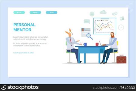 Personal mentor, hipster animals rabbit and sloth character in office, personal help, board with growth chart, advisor in office, teamwork vector. Website or webpage template, landing page flat style. Rabbit and Sloth Workers Animal in Office Vector