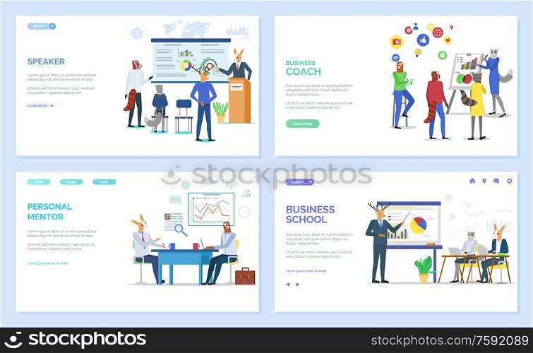 Personal mentor vector, hipster animals at work, working on new ideas. Conference of businessmen, school and teaching, coach giving advice. Website or webpage template, landing page flat style. Speaker and Personal Mentor, Coach Website Set