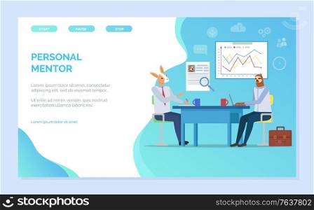 Personal mentor vector, kangaroo teaching sloth, charts and diagrams on whiteboard, hipster animal with laptop working with wise teacher. Website or webpage template, landing page flat style. Personal Mentor Hipster Animal Conference Website