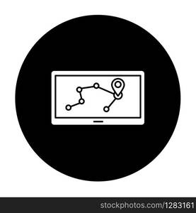 Personal navigation assistant glyph icon. Navigator. PNA. GPS system. Portable electronic gadget. Mobile device. Positioning. Technology. Vector white silhouette illustration in black circle