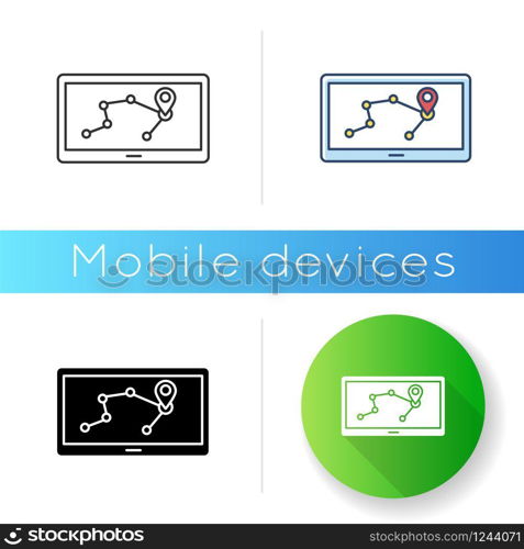 Personal navigation assistant icon. Navigator. PNA. GPS system. Portable electronic gadget. Mobile device. Positioning. Technology. Linear black and RGB color styles. Isolated vector illustrations