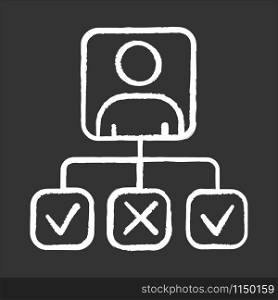Personal profile chalk icon. Survey results. Data collection, info gathering. Answer review. Questionnaire. Wiring options. Ticked checkboxes. Correct, wrong. Isolated vector chalkboard illustration