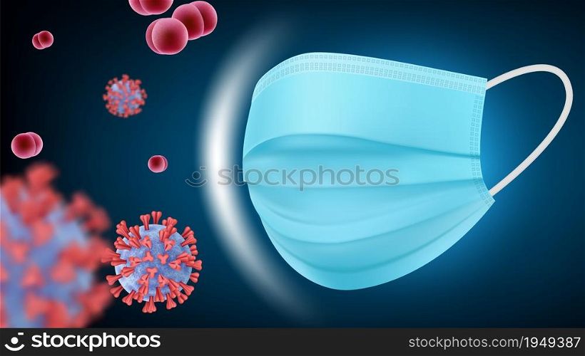 Personal protective equipment. Realistic reusable face mask and bacterias, safety health shield vector background. Influenza air pneumonia, mask wearing for healthcare illustration. Personal protective equipment. Realistic reusable face mask and bacterias, safety health shield vector background
