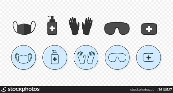 Personal protective equipment. Save yourself from viruses. Medical mask, latex gloves, soap, dispenser, protective glasses. Protective accessories. Vector illustration