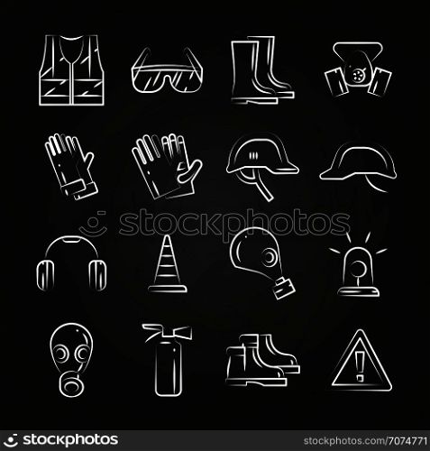 Personal protective equipment thin line icons on chalkboard design. Vector illustration. Personal protective equipment thin line icons on chalkboard design
