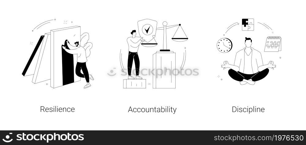 Personal quality abstract concept vector illustration set. Resilience, accountability and discipline, mental strength, psychological flexibility, decision making, leadership role abstract metaphor.. Personal quality abstract concept vector illustrations.