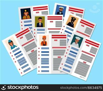 Personal resumes of flight attendant, brave firefighter, businessman, handy plumber, bold captain, honest policeman and chef vector illustration.. Personal Resumes of Different Industry Workers