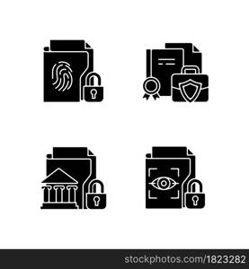 Personal sensitive data black glyph icons set on white space. Business information. Government material. Unauthorized access. Biometric data. Silhouette symbols. Vector isolated illustration. Personal sensitive data black glyph icons set on white space