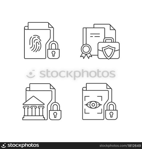 Personal sensitive data linear icons set. Business information. Government material. Biometric data. Customizable thin line contour symbols. Isolated vector outline illustrations. Editable stroke. Personal sensitive data linear icons set