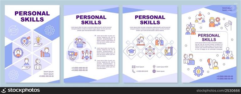 Personal skills purple brochure template. Abilities to put in resume. Leaflet design with linear icons. 4 vector layouts for presentation, annual reports. Arial-Black, Myriad Pro-Regular fonts used. Personal skills purple brochure template