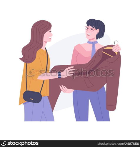 Personal stylist isolated cartoon vector illustrations. Fashion stylist offers dress to her client, choosing summer outfit, shopping mall, trying on new clothes and accessories vector cartoon.. Personal stylist isolated cartoon vector illustrations.