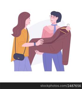 Personal stylist isolated cartoon vector illustrations. Fashion stylist offers dress to her client, choosing summer outfit, shopping mall, trying on new clothes and accessories vector cartoon.. Personal stylist isolated cartoon vector illustrations.
