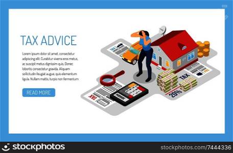 Personal tax advice online service concept isometric web page design with homeowner property income declaration vector illustration . Taxes Isometric Concept Composition 