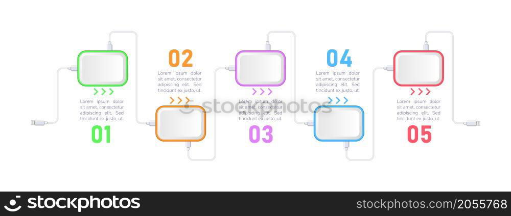 Personal technologies infographic chart design template. Device for single use. Abstract vector infochart with blank copy spaces. Instructional graphics with 5 step sequence. Visual data presentation. Personal technologies infographic chart design template