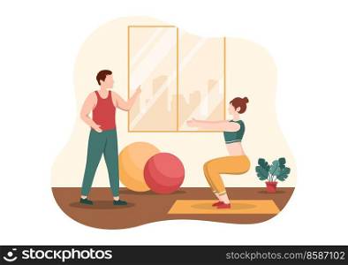 Personal Trainer or Sports Instructor Hand Drawn Cartoon Flat Illustration Template with Working Helping Stretch, Fitness and Correct Posture