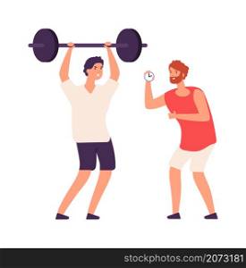 Personal training. Fitness male coach and bodybuilder. Cartoon training or workout vector concept. Illustration fitness sport instructor, gym coach. Personal training. Fitness male coach and bodybuilder. Cartoon training or workout vector concept