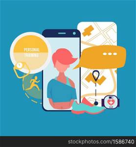 Personal training vector concept. Sport and health mobile app illustration. Fitness training mobile app, run tracker smartphone. Personal training vector concept. Sport and health mobile app illustration