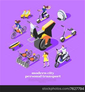 Personal transport isometric composition with monocycle bike skateboard roller skates scooter and women characters 3d vector illustration