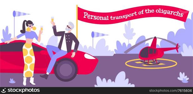 Personal transport of oligarchs flat background with personal helicopter and expensive car vector illustration