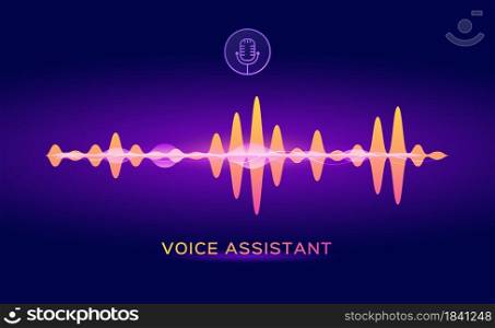 Personal voice assistant, sound recognition artificial intelligence. Microphone logo with speech soundwave virtualization vector concept. Talking recording futuristic digital application. Personal voice assistant, sound recognition artificial intelligence. Microphone logo with speech soundwave virtualization vector concept