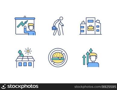 Personal wellness RGB color icons set. Physical activity, workout, meditation. Healthy eating habits. Personal growth. Self-care, relaxation. Career options. Isolated vector illustrations. Personal wellness RGB color icons set