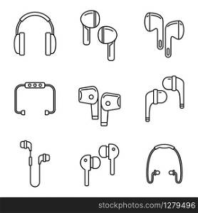 Personal wireless earbuds icons set. Outline set of personal wireless earbuds vector icons for web design isolated on white background. Personal wireless earbuds icons set, outline style