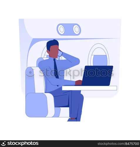 Personal workplace in the plane isolated concept vector illustration. Busy man with laptop and smartphone working in the play, business class travel, company executive vector concept.. Personal workplace in the plane isolated concept vector illustration.