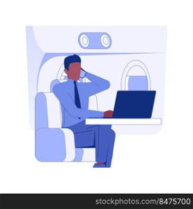 Personal workplace in the plane isolated concept vector illustration. Busy man with laptop and smartphone working in the play, business class travel, company executive vector concept.. Personal workplace in the plane isolated concept vector illustration.