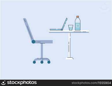 Personal workplace semi flat RGB color vector illustration. Working table with laptop and drinking water isolated cartoon objects on blue background. Corporate company employee desk, office workspace. Personal workplace semi flat RGB color vector illustration