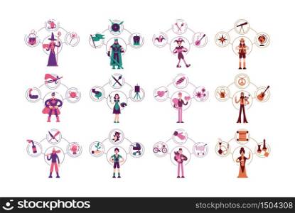 Personality archetypes flat concept vector illustrations set. People individual characteristics types metaphors. Indian guru, medieval king, old magician with book 2D cartoon characters. Personality archetypes flat concept vector illustrations set