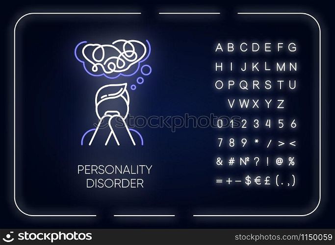 Personality disorder neon light icon. Maladaptive behaviour. Deviation. Mental health issue. Anxiety and distress. Glowing sign with alphabet, numbers and symbols. Vector isolated illustration