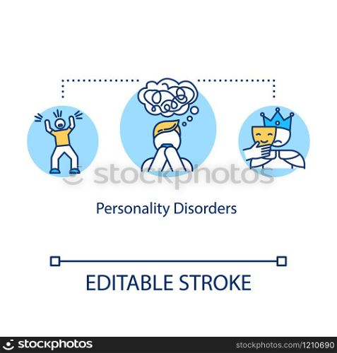 Personality disorders concept icon. Mental illness idea thin line illustration. Psychosis. Schizophrenia. Psychological problems. Vector isolated outline RGB color drawing. Editable stroke