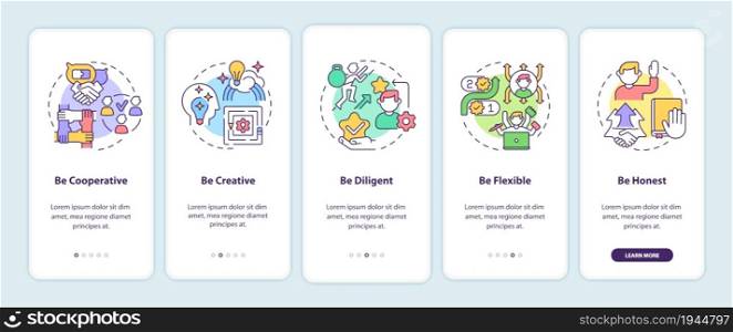 Personality traits for career advancement onboarding mobile app page screen. Success walkthrough 5 steps graphic instructions with concepts. UI, UX, GUI vector template with linear color illustrations. Personality traits for career advancement onboarding mobile app page screen