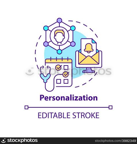 Personalization concept icon. Individual patients service. Healthcare macro trends abstract idea thin line illustration. Isolated outline drawing. Editable stroke. Arial, Myriad Pro-Bold fonts used. Personalization concept icon