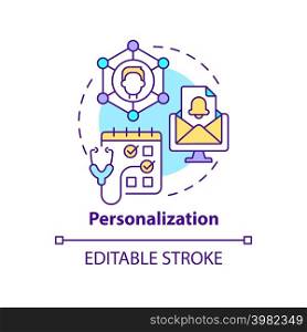Personalization concept icon. Individual patients service. Healthcare macro trends abstract idea thin line illustration. Isolated outline drawing. Editable stroke. Arial, Myriad Pro-Bold fonts used. Personalization concept icon