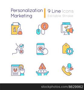 Personalization marketing RGB color icons set. Digital tools. Customer engagement. Isolated vector illustrations. Simple filled line drawings collection. Editable stroke. Quicksand-Light font used. Personalization marketing RGB color icons set