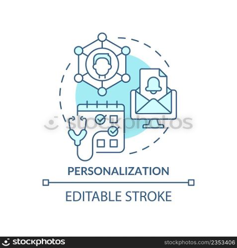 Personalization turquoise concept icon. Patients service. Healthcare macro trends abstract idea thin line illustration. Isolated outline drawing. Editable stroke. Arial, Myriad Pro-Bold fonts used. Personalization turquoise concept icon