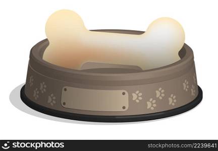 Personalized bowl with big tasty bone for your favorite dog, puppy. Pet food and treats. Realistic 3D vector isolated on white background