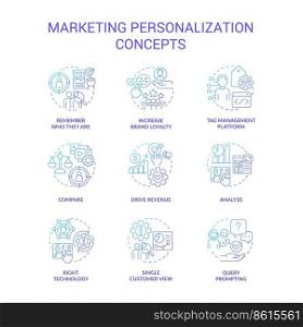 Personalized marketing blue gradient concept icons set. Improve customer online experience idea thin line color illustrations. Isolated symbols. Roboto-Medium, Myriad Pro-Bold fonts used. Personalized marketing blue gradient concept icons set