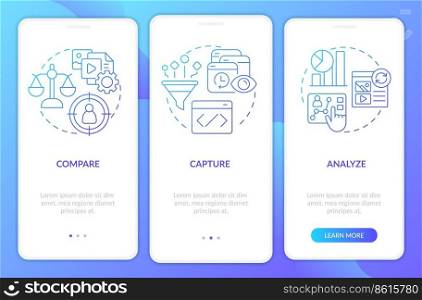Personalized marketing research blue gradient onboarding mobile app screen. Walkthrough 3 steps graphic instructions with linear concepts. UI, UX, GUI template. Myriad Pro-Bold, Regular fonts used. Personalized marketing research blue gradient onboarding mobile app screen