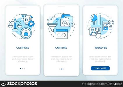 Personalized marketing strategy blue onboarding mobile app screen. Walkthrough 3 steps editable graphic instructions with linear concepts. UI, UX, GUI template. Myriad Pro-Bold, Regular fonts used. Personalized marketing strategy blue onboarding mobile app screen