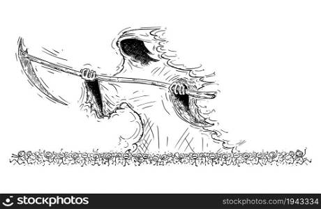 Personified death or Grim Reaper scythe crowd or people or mankind, vector cartoon stick figure or character illustration.. Grim Reaper or Death Personification Scythe Crowd of People, Vector Cartoon Stick Figure Illustration