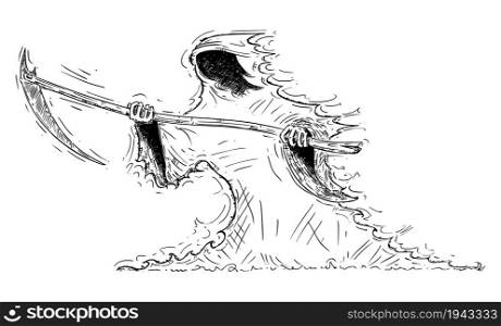 Personified death with scythe or Grim Reaper, vector cartoon character illustration.. Grim Reaper or Death Personification with Scythe, Vector Cartoon Conceptual Illustration