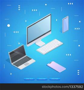 Personnel Computer, Laptop, Tablet and Smartphone on Blue Neon Glowing Gradient Background. Abstract Geometric Pattern. Home, Work Network. 3D Isometric Vector Illustration. Square Banner, Copy Space.. Personnel Computer, Laptop, Tablet and Smartphone.