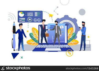 Personnel Department is Recruiting New Employee. Vector Illustration. Young Man in Suit with Briefcase Welcomes Man in Suit with Beard. Office Workers on Background Laptop and Resume.