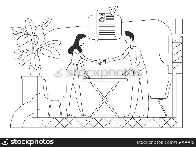 Personnel hiring thin line vector illustration. HR manager and candidate outline characters on white background. Successful job negotiation, recruitment, business agreement simple style drawing