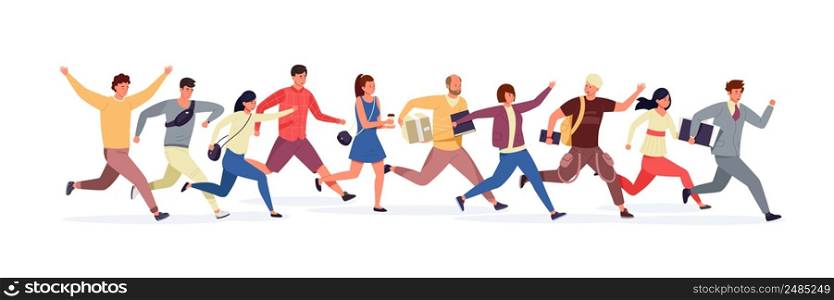 Persons in rush. Cartoon characters in modern clothes hurrying and running together. Vector illustration. Female and male people late for work, university. Employees and students moving quickly. Persons in rush. Cartoon characters in modern clothes hurrying and running together. Vector illustration