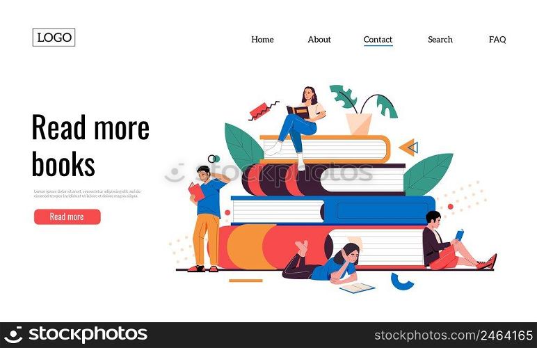Persons with books landing. Web site template with cartoon young characters reading books. Vector self education web page. Literature lovers studying in library, getting knowledge or information. Persons with books landing. Web site template with cartoon young characters reading books. Vector self education web page